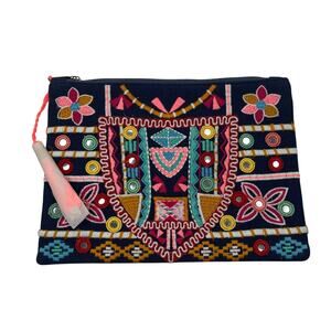 Lovestitch Bohemian Colorful Blue Embroidered Handbag Makeup Bag Gift NWT
